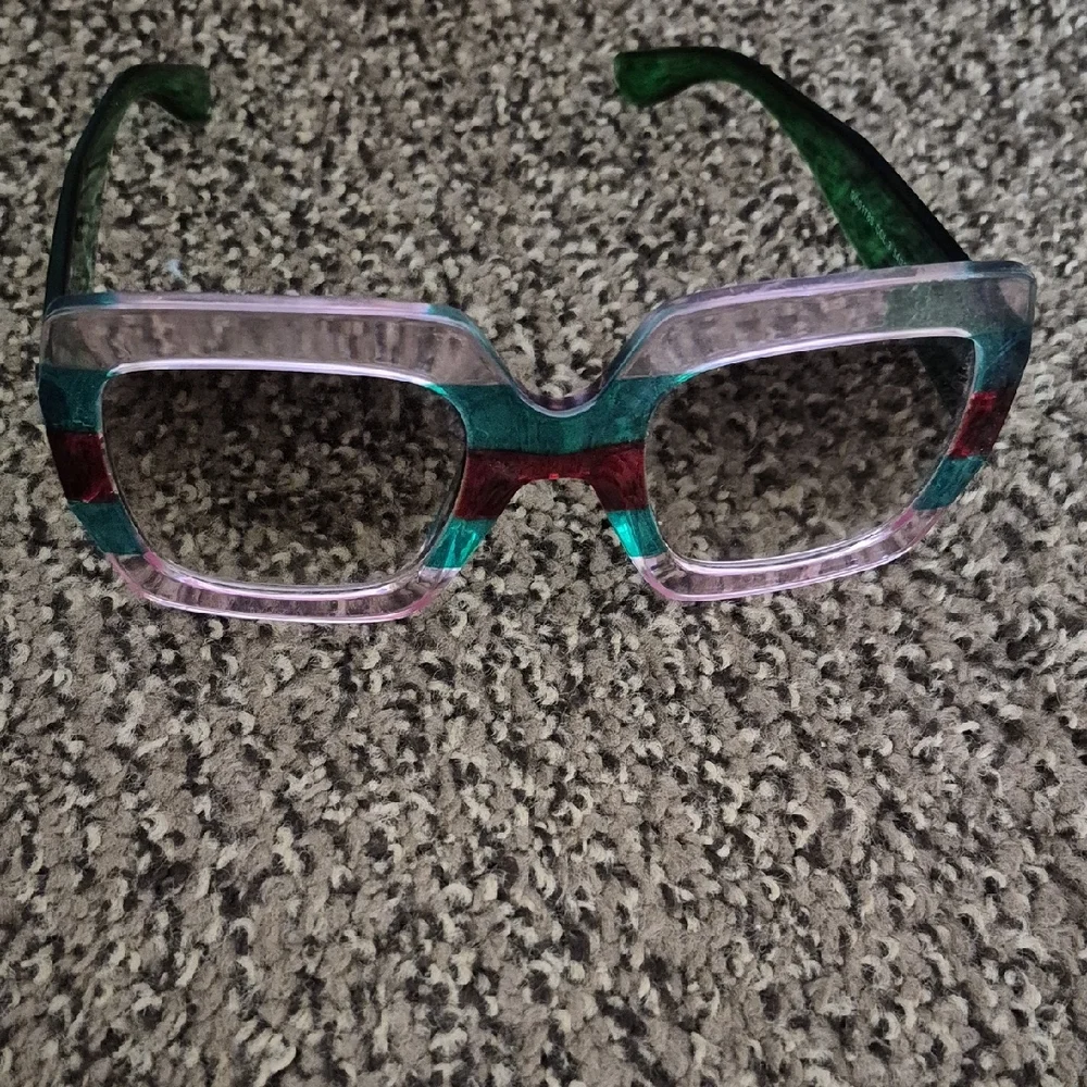 Designer LIKE- Multicolor Chunky Square Sunglasses - Pink, Green, Red Accents